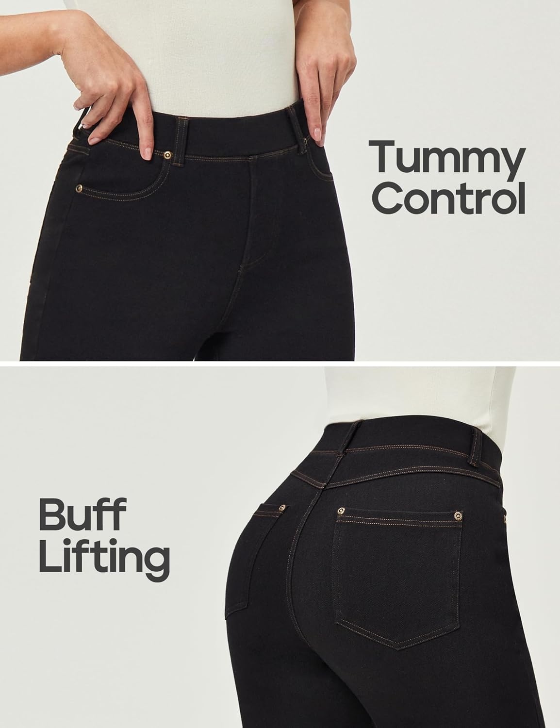 image:imageHeathyoga Stretchy Bell Bottom Jeans for Women Trendy Pull On Bootcut Flare Jean Leggings Jeggings for Women with PocketsBlack