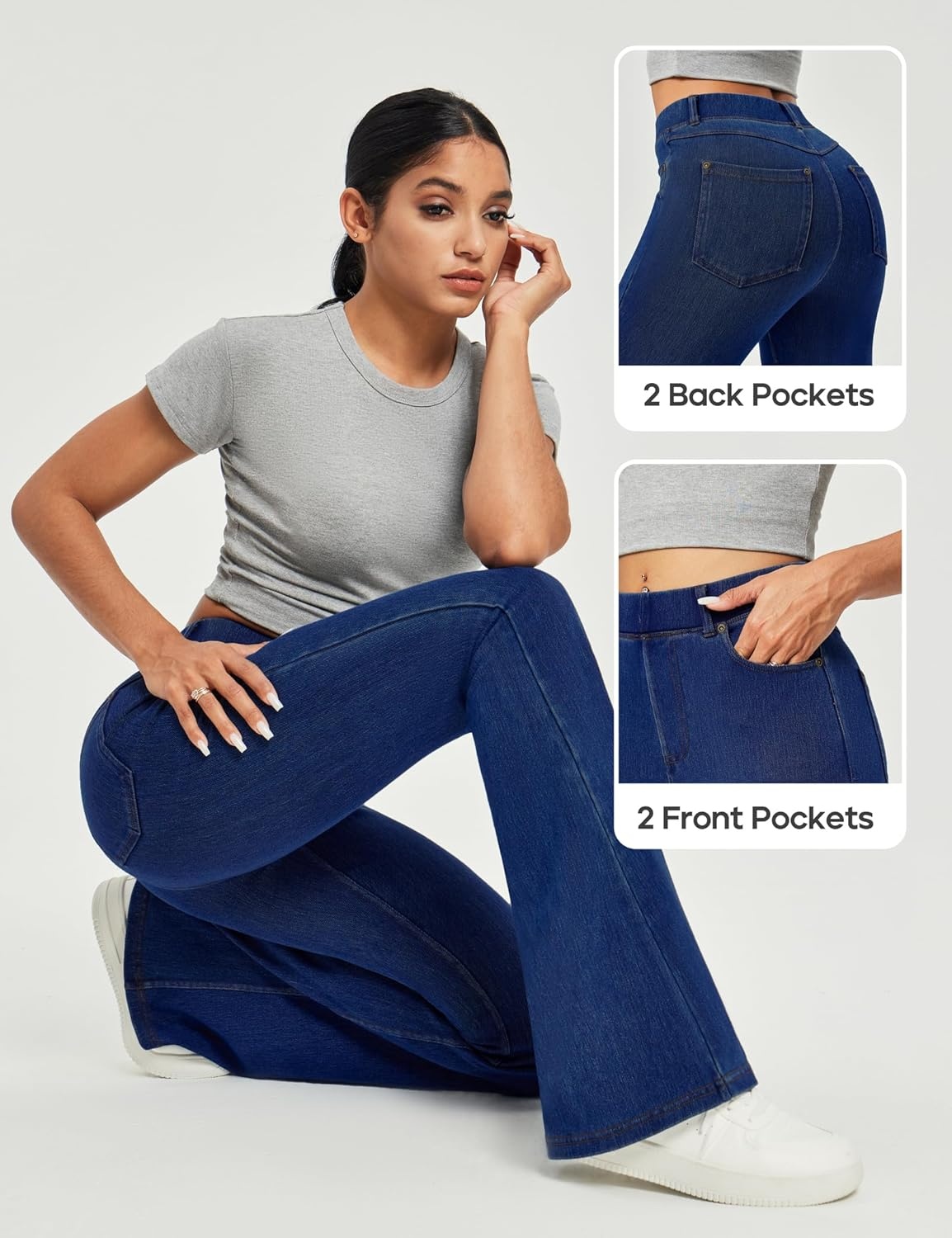 image:imageHeathyoga Stretchy Bell Bottom Jeans for Women Trendy Pull On Bootcut Flare Jean Leggings Jeggings for Women with PocketsDark Blue