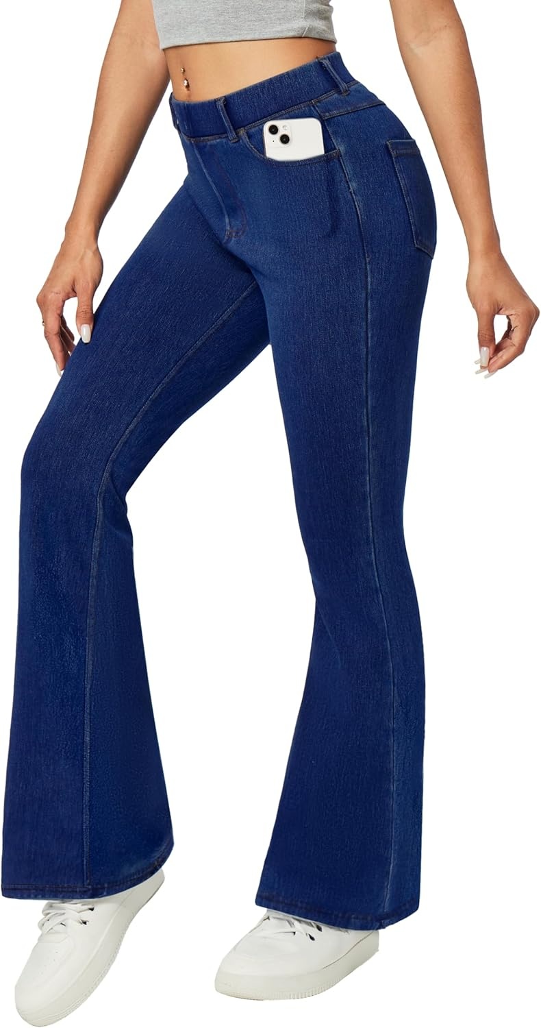 image:imageHeathyoga Stretchy Bell Bottom Jeans for Women Trendy Pull On Bootcut Flare Jean Leggings Jeggings for Women with PocketsDark Blue
