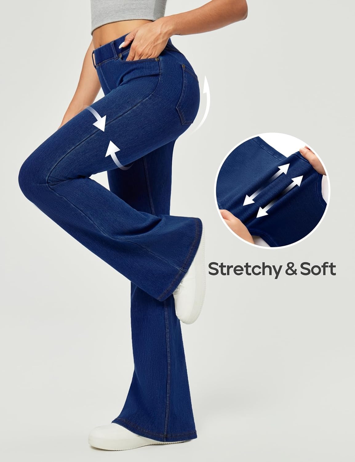 image:imageHeathyoga Stretchy Bell Bottom Jeans for Women Trendy Pull On Bootcut Flare Jean Leggings Jeggings for Women with PocketsDark Blue