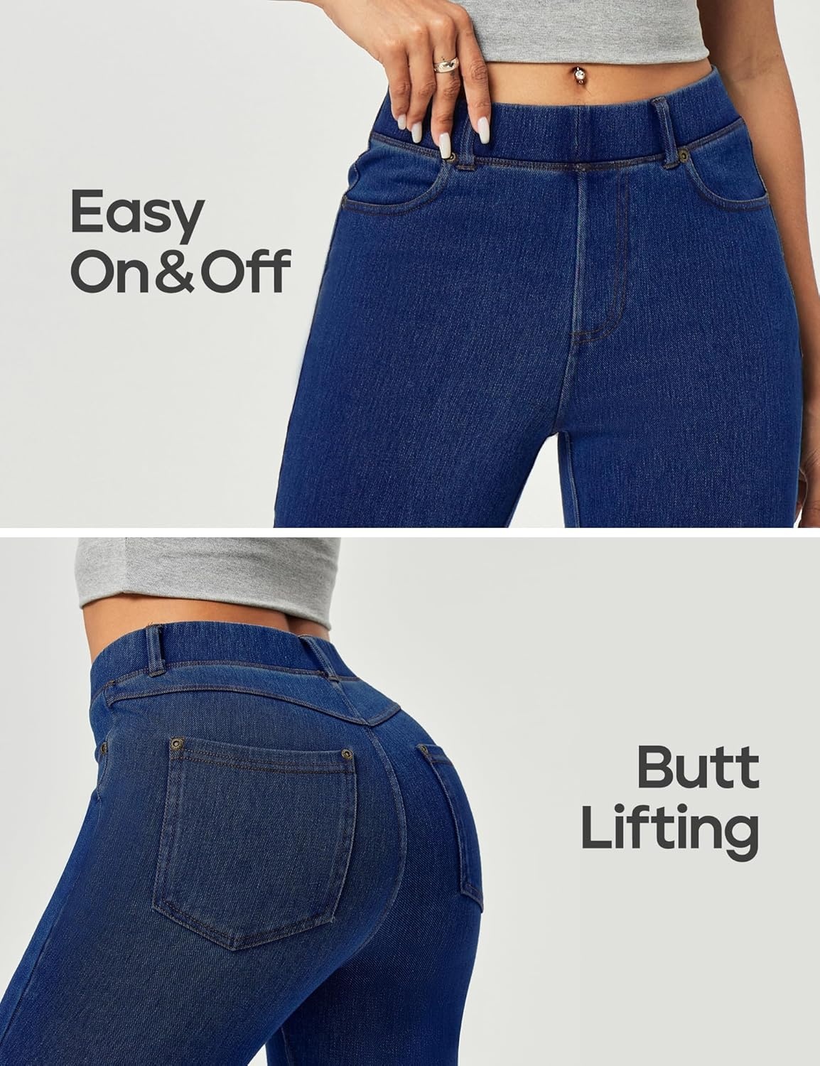 image:imageHeathyoga Stretchy Bell Bottom Jeans for Women Trendy Pull On Bootcut Flare Jean Leggings Jeggings for Women with PocketsDark Blue