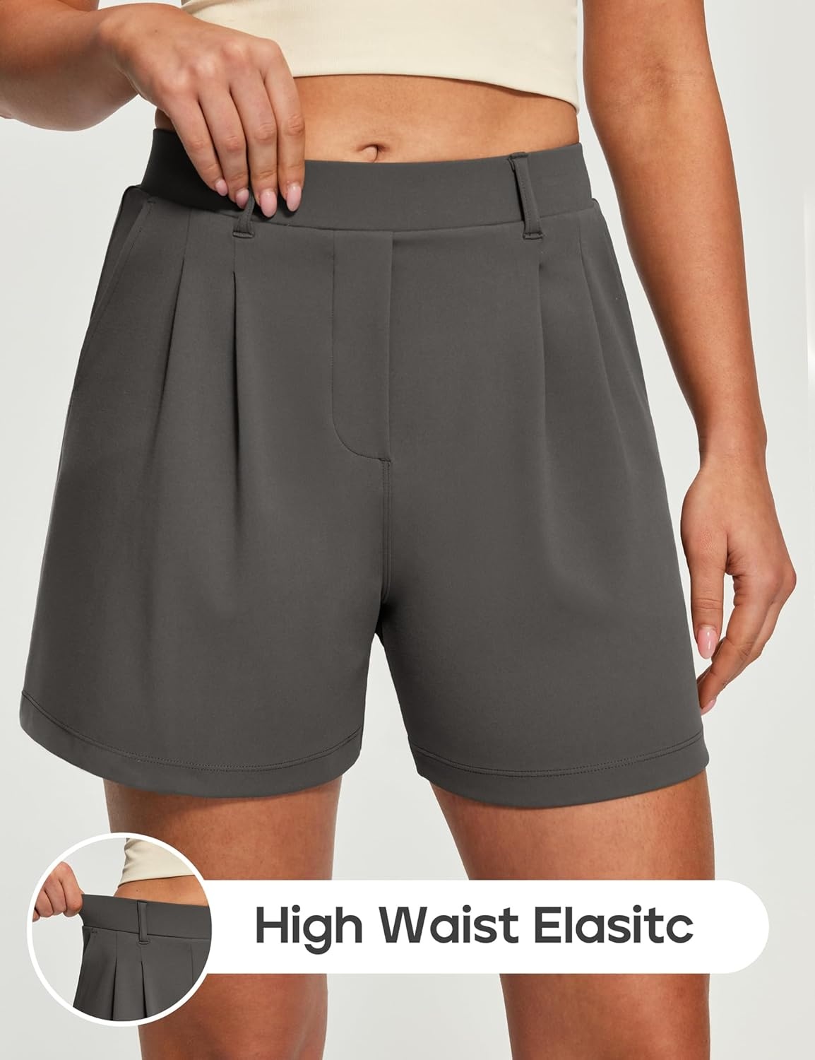 image:imageHeathyoga Stretchy Dress Shorts for Women Pull On Womens Shorts Dressy Casual High Waisted Summer Work Shorts Business CasualDark Charcoal