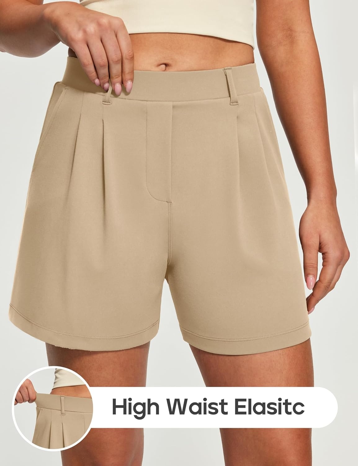 image:imageHeathyoga Stretchy Dress Shorts for Women Pull On Womens Shorts Dressy Casual High Waisted Summer Work Shorts Business CasualKhaki