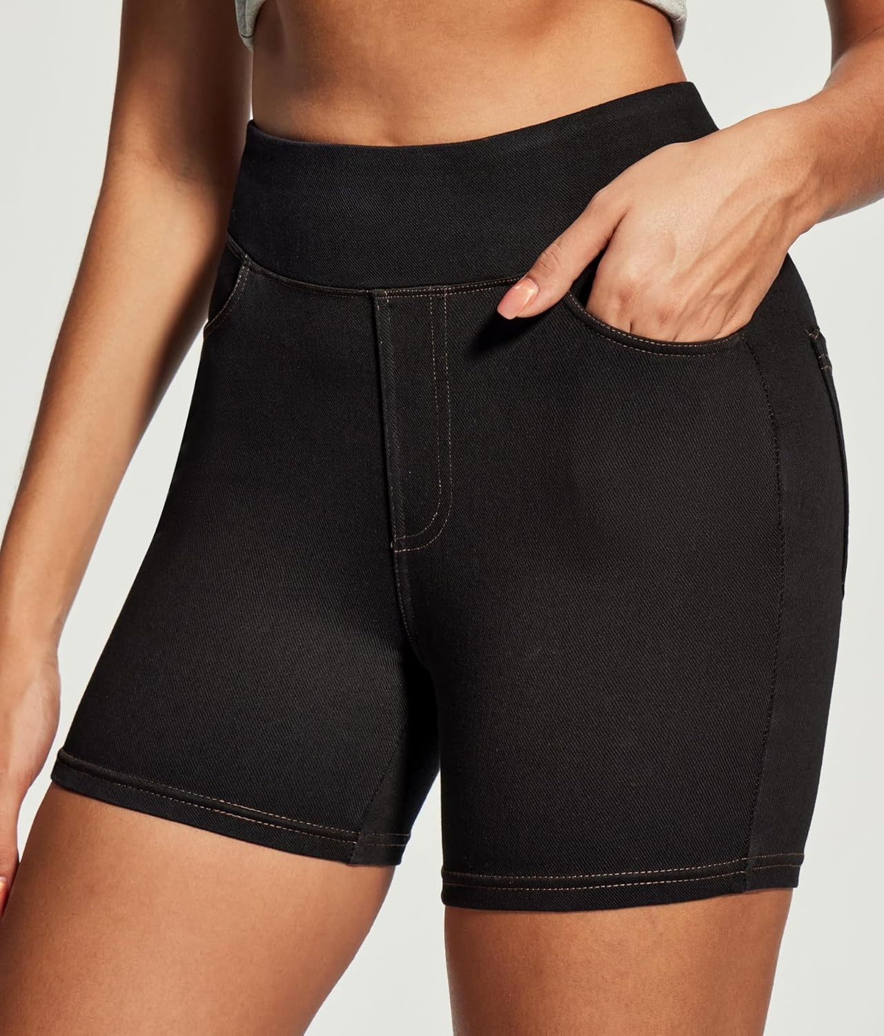 image:imageHeathyoga Stretchy Jean Shorts Womens High Waisted Denim Shorts for Women with Pockets Pull On Jorts Casual Womens ShortsBlack