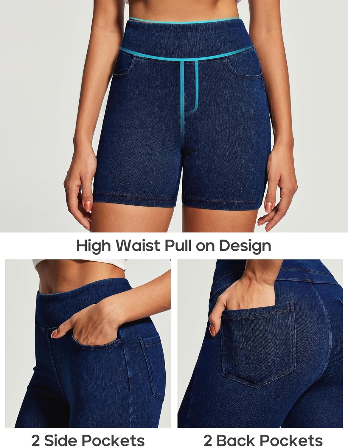 image:imageHeathyoga Stretchy Jean Shorts Womens High Waisted Denim Shorts for Women with Pockets Pull On Jorts Casual Womens ShortsDark Blue