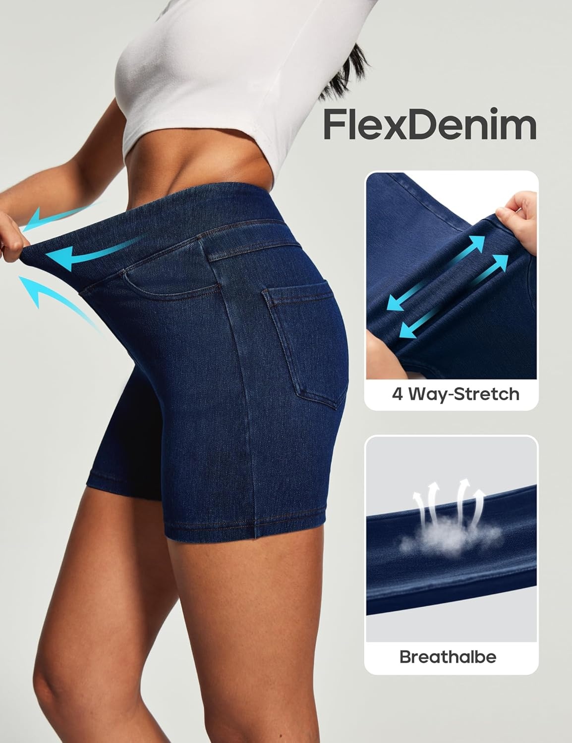 image:imageHeathyoga Stretchy Jean Shorts Womens High Waisted Denim Shorts for Women with Pockets Pull On Jorts Casual Womens ShortsDark Blue
