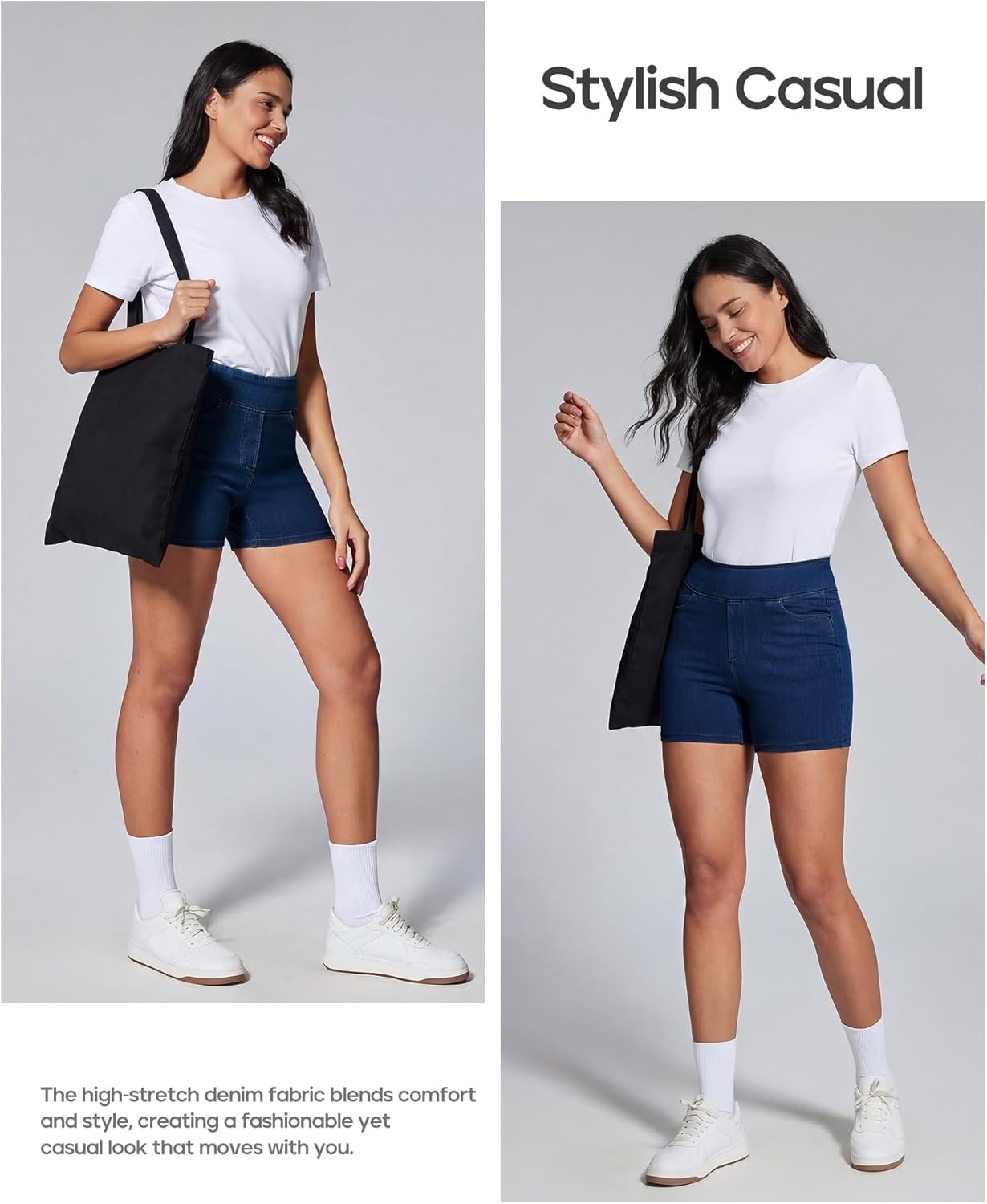 image:imageHeathyoga Stretchy Jean Shorts Womens High Waisted Denim Shorts for Women with Pockets Pull On Jorts Casual Womens ShortsDark Blue