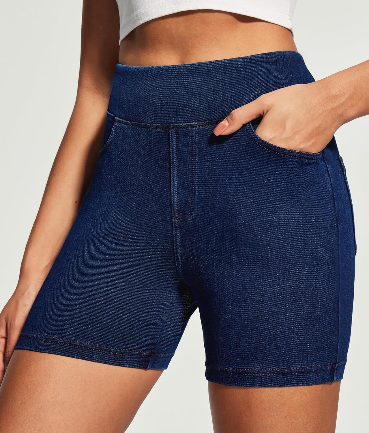 image:imageHeathyoga Stretchy Jean Shorts Womens High Waisted Denim Shorts for Women with Pockets Pull On Jorts Casual Womens ShortsDark Blue