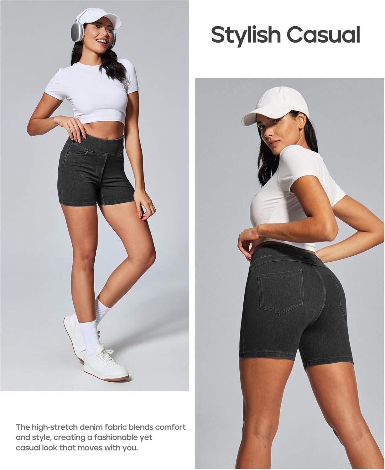 image:imageHeathyoga Stretchy Jean Shorts Womens High Waisted Denim Shorts for Women with Pockets Pull On Jorts Casual Womens ShortsGrey