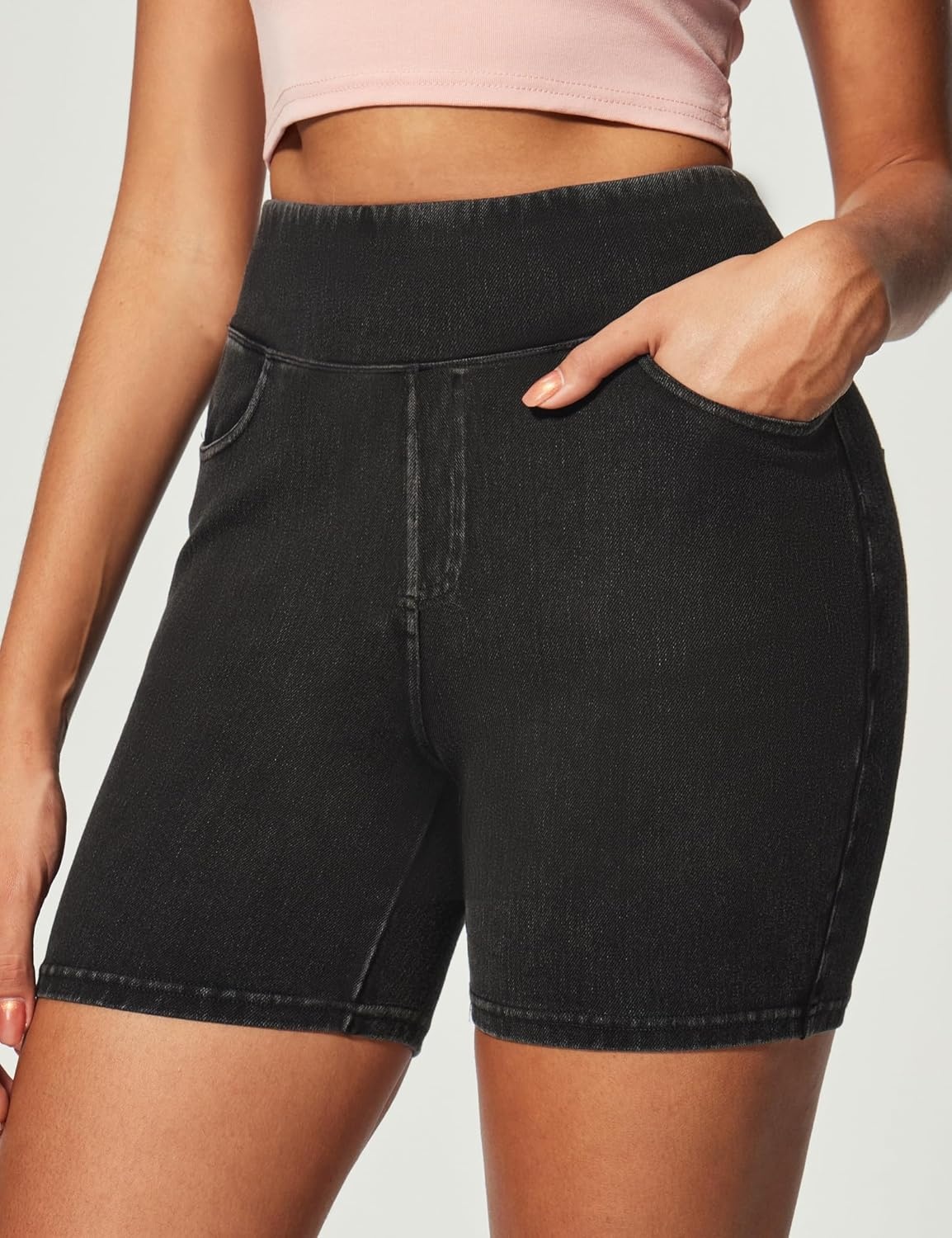 image:imageHeathyoga Stretchy Jean Shorts Womens High Waisted Denim Shorts for Women with Pockets Pull On Jorts Casual Womens ShortsGrey