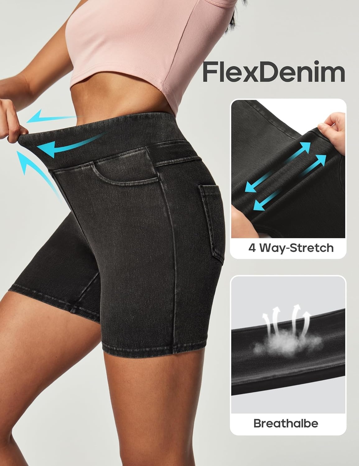image:imageHeathyoga Stretchy Jean Shorts Womens High Waisted Denim Shorts for Women with Pockets Pull On Jorts Casual Womens ShortsGrey