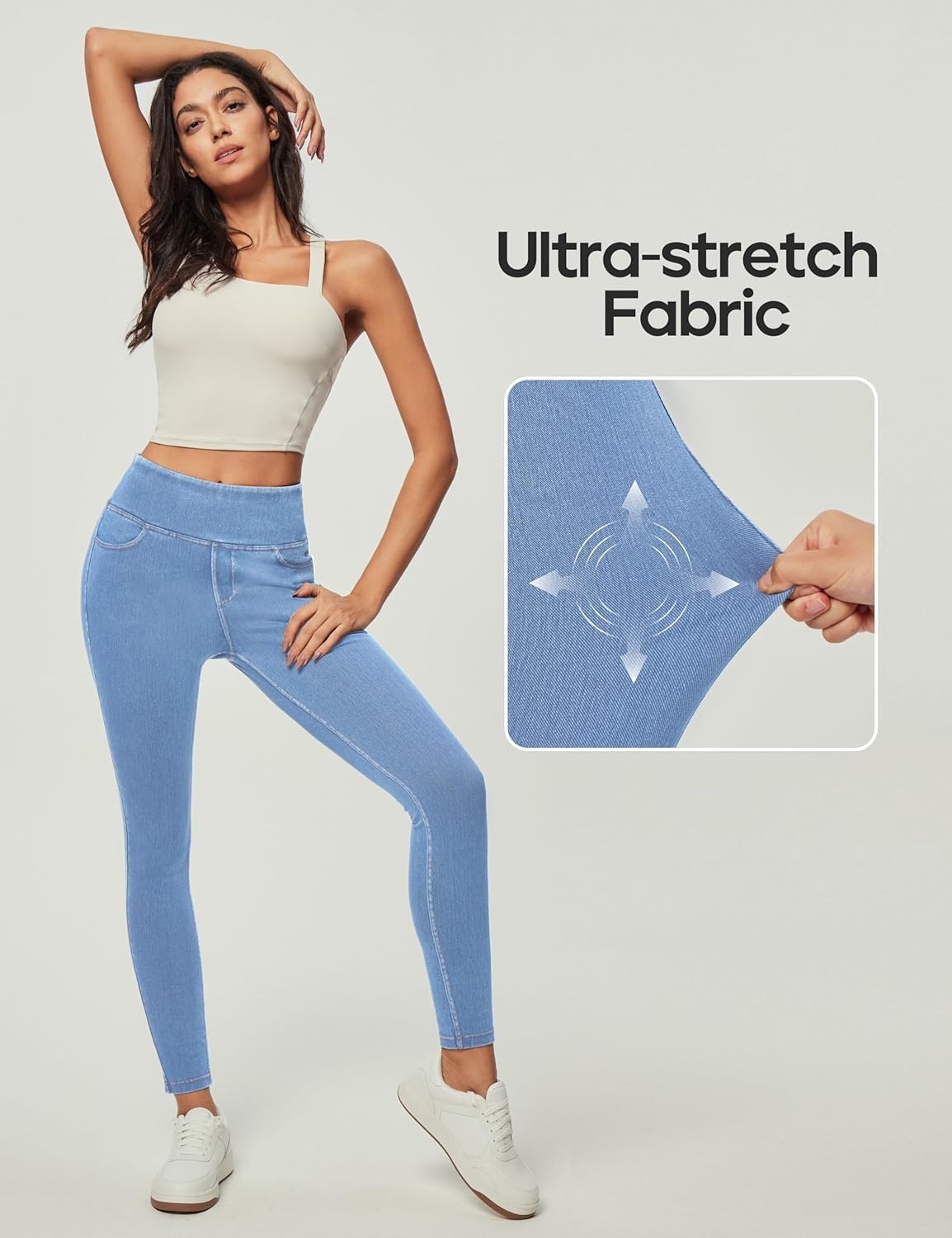 image:imageHeathyoga Stretchy Jeans for Women Trendy High Waist Pull On Jeggings Tummy Control Womens Skinny Jeans Leggings with PocketsFlexdenim Baby Blue