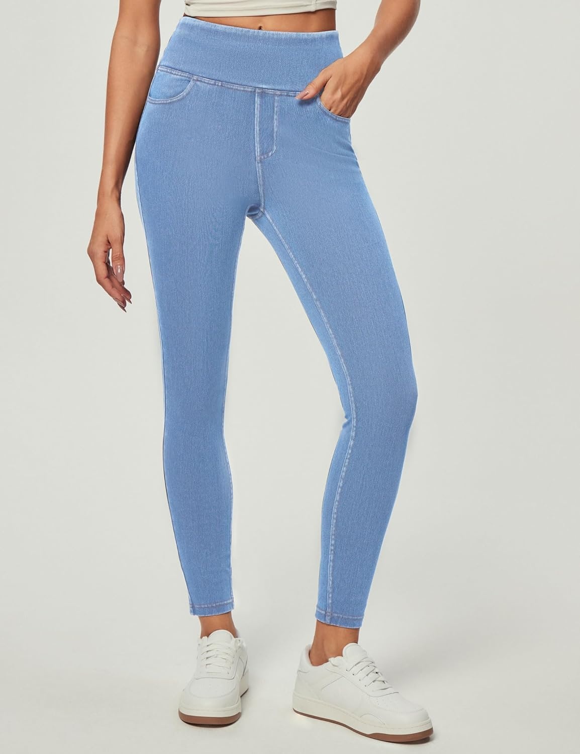 image:imageHeathyoga Stretchy Jeans for Women Trendy High Waist Pull On Jeggings Tummy Control Womens Skinny Jeans Leggings with PocketsFlexdenim Baby Blue