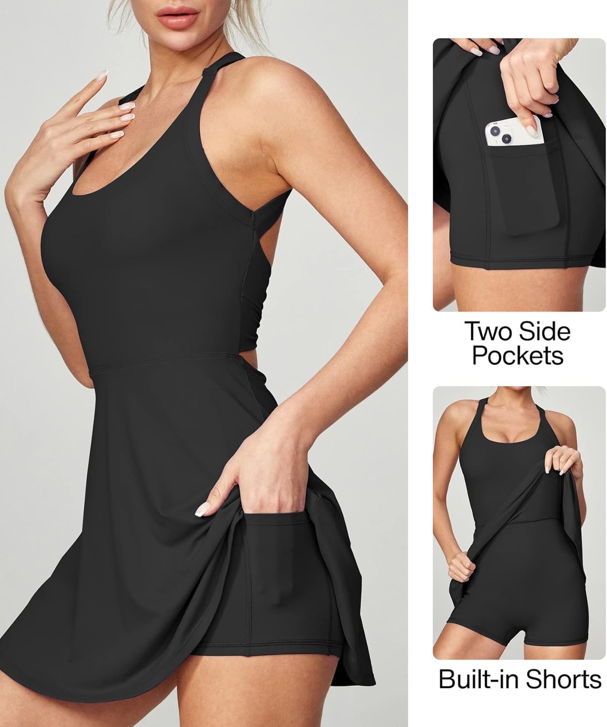 image:imageHeathyoga Tennis Dress with Built in Shorts and Bra Athletic Dress for Women Summer Cut Out Twisted Golf Workout DressBlack
