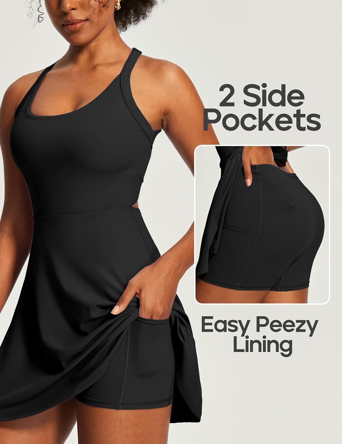 image:imageHeathyoga Tennis Dress with Built in Shorts and Bra Athletic Dress for Women Summer Cut Out Twisted Golf Workout DressEasy Peezy Obsidian Balck