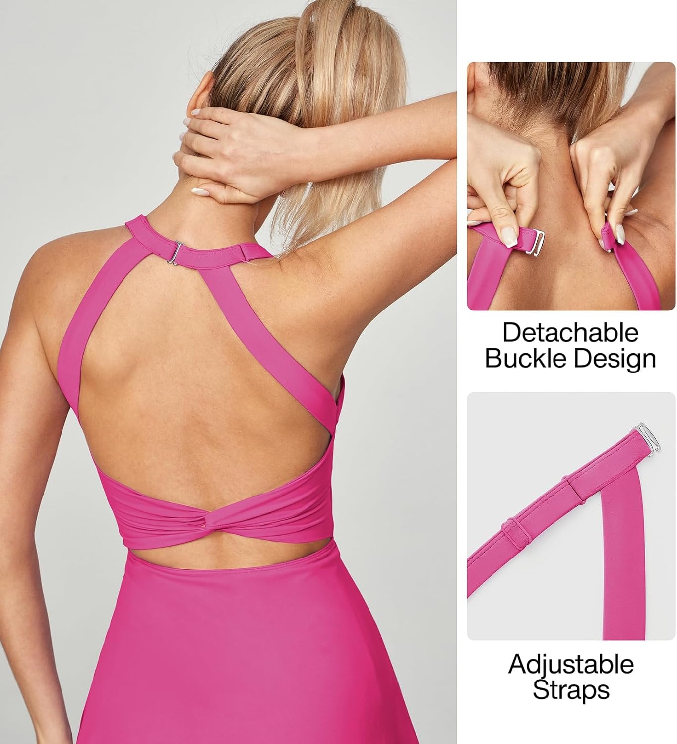 image:imageHeathyoga Tennis Dress with Built in Shorts and Bra Athletic Dress for Women Summer Cut Out Twisted Golf Workout DressHot Pink