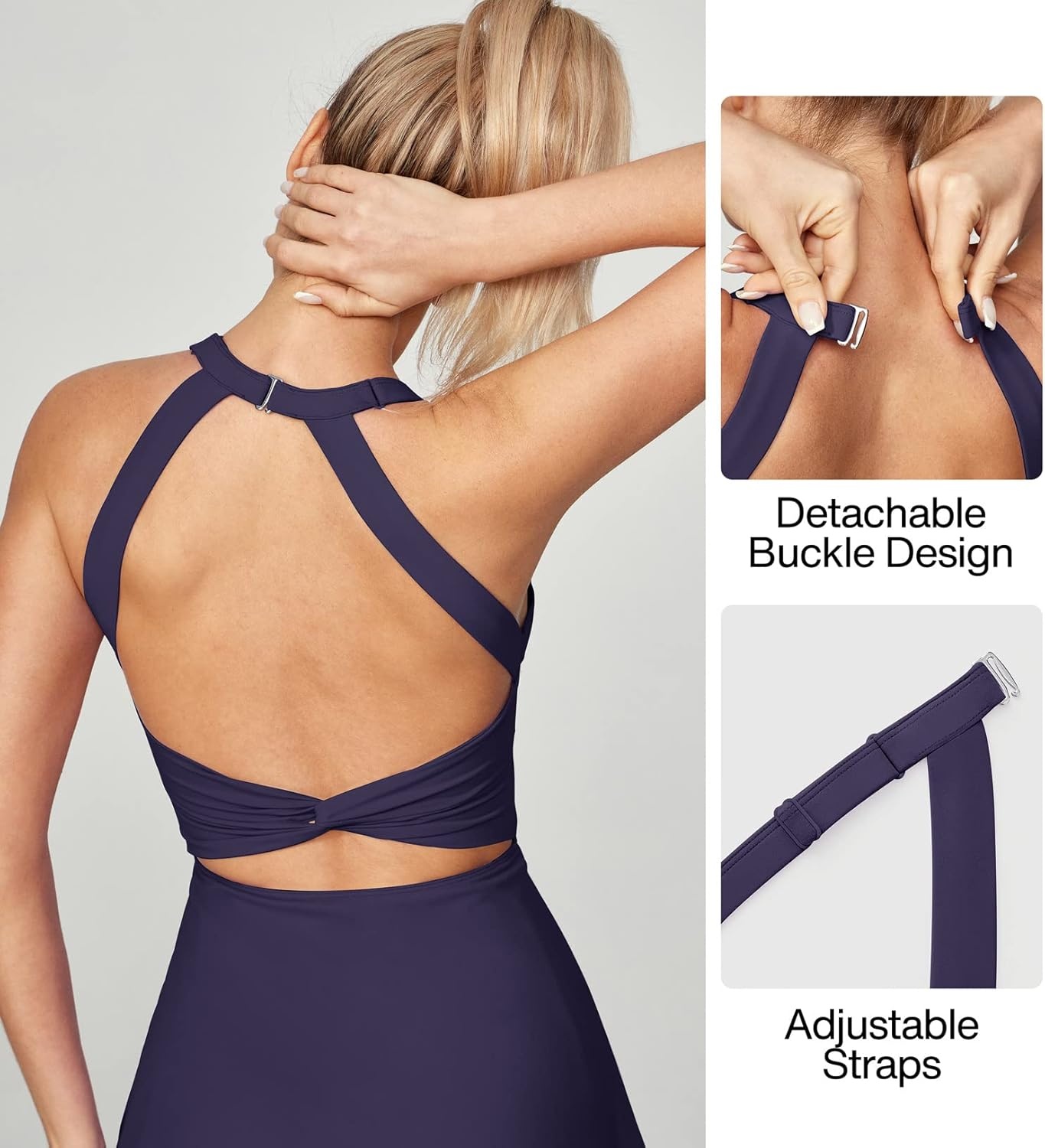 image:imageHeathyoga Tennis Dress with Built in Shorts and Bra Athletic Dress for Women Summer Cut Out Twisted Golf Workout DressIndigo Blue