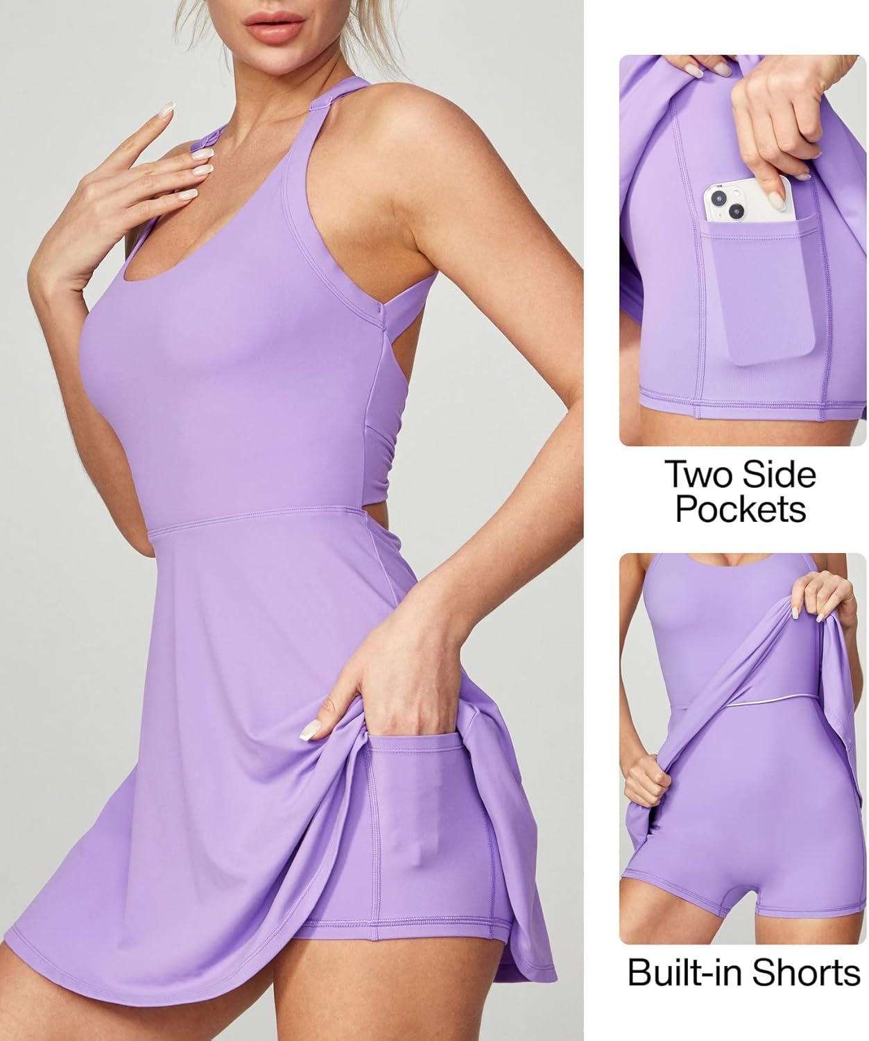 image:imageHeathyoga Tennis Dress with Built in Shorts and Bra Athletic Dress for Women Summer Cut Out Twisted Golf Workout DressLavender
