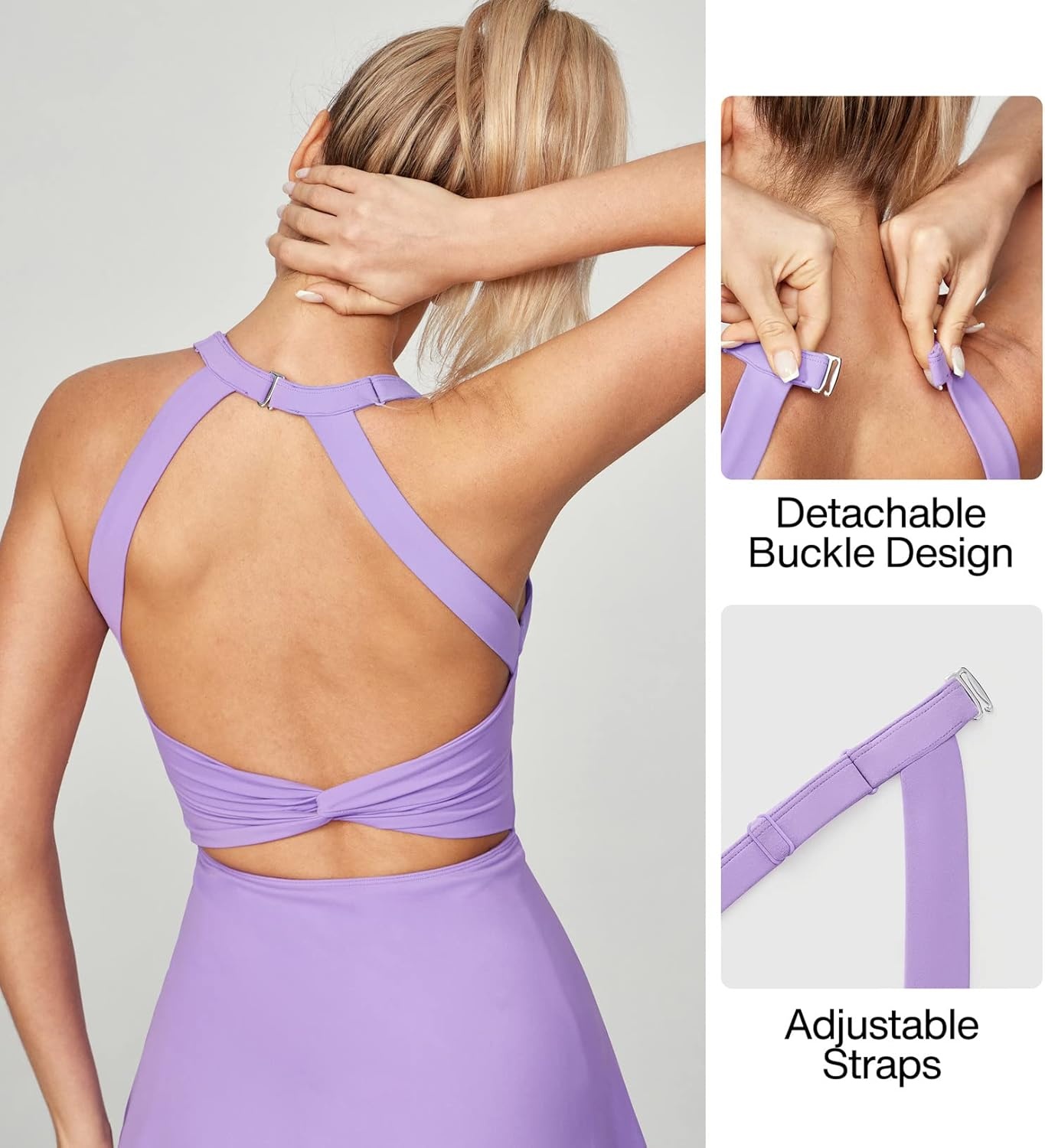 image:imageHeathyoga Tennis Dress with Built in Shorts and Bra Athletic Dress for Women Summer Cut Out Twisted Golf Workout DressLavender
