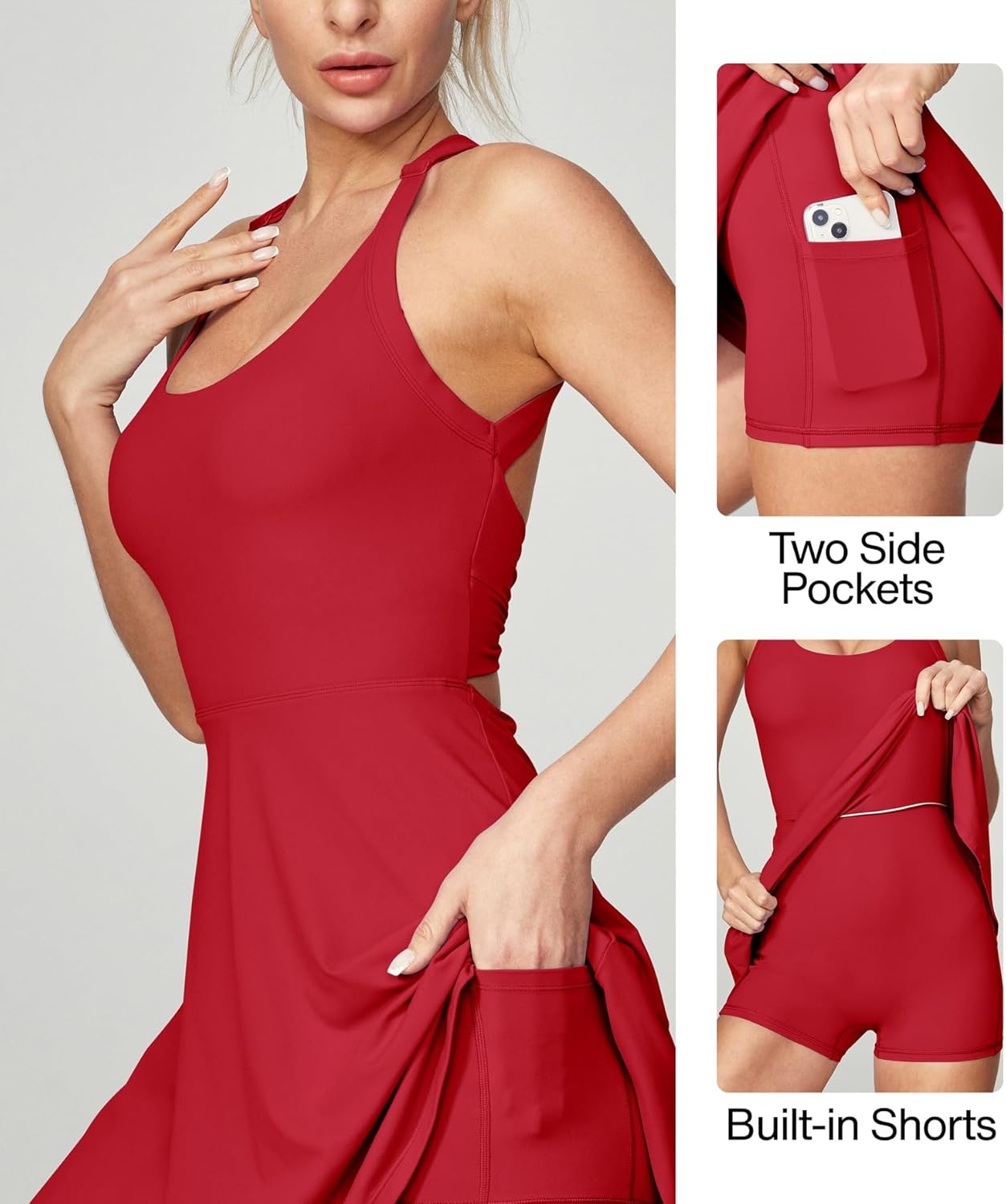 image:imageHeathyoga Tennis Dress with Built in Shorts and Bra Athletic Dress for Women Summer Cut Out Twisted Golf Workout DressRed