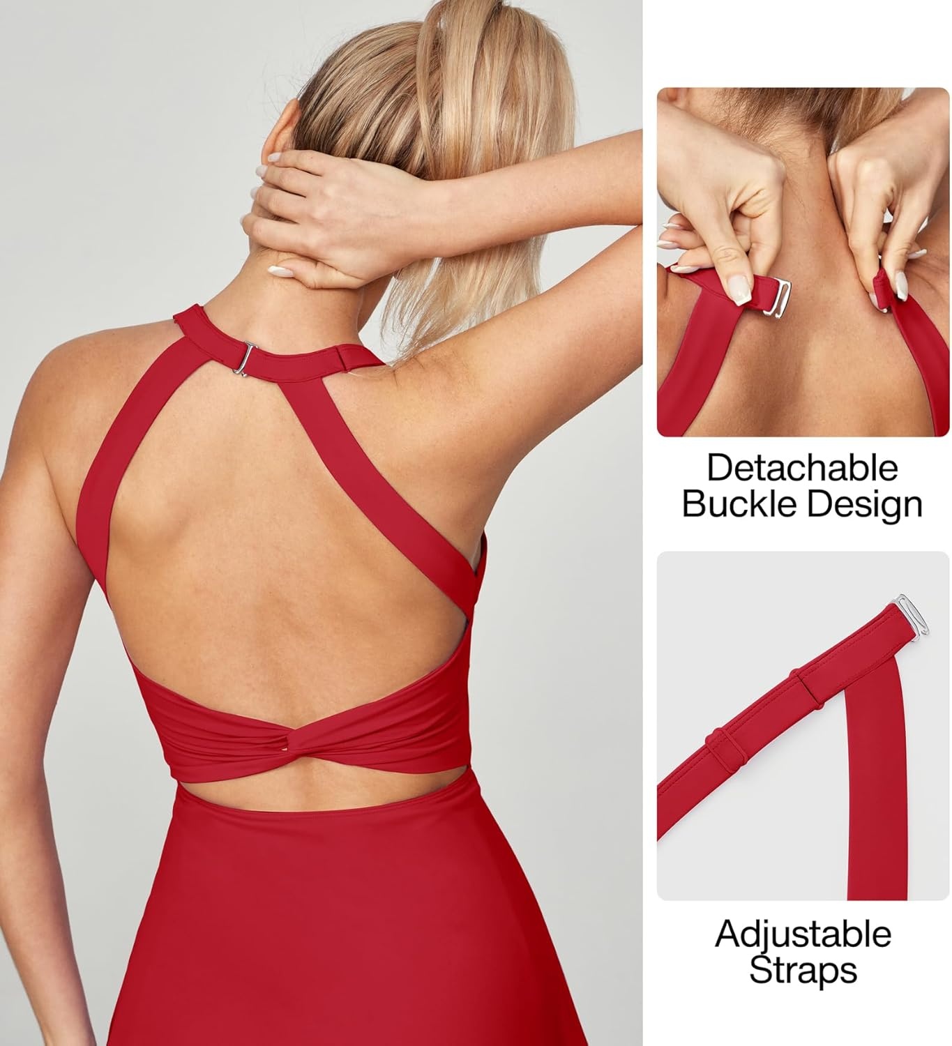 image:imageHeathyoga Tennis Dress with Built in Shorts and Bra Athletic Dress for Women Summer Cut Out Twisted Golf Workout DressRed