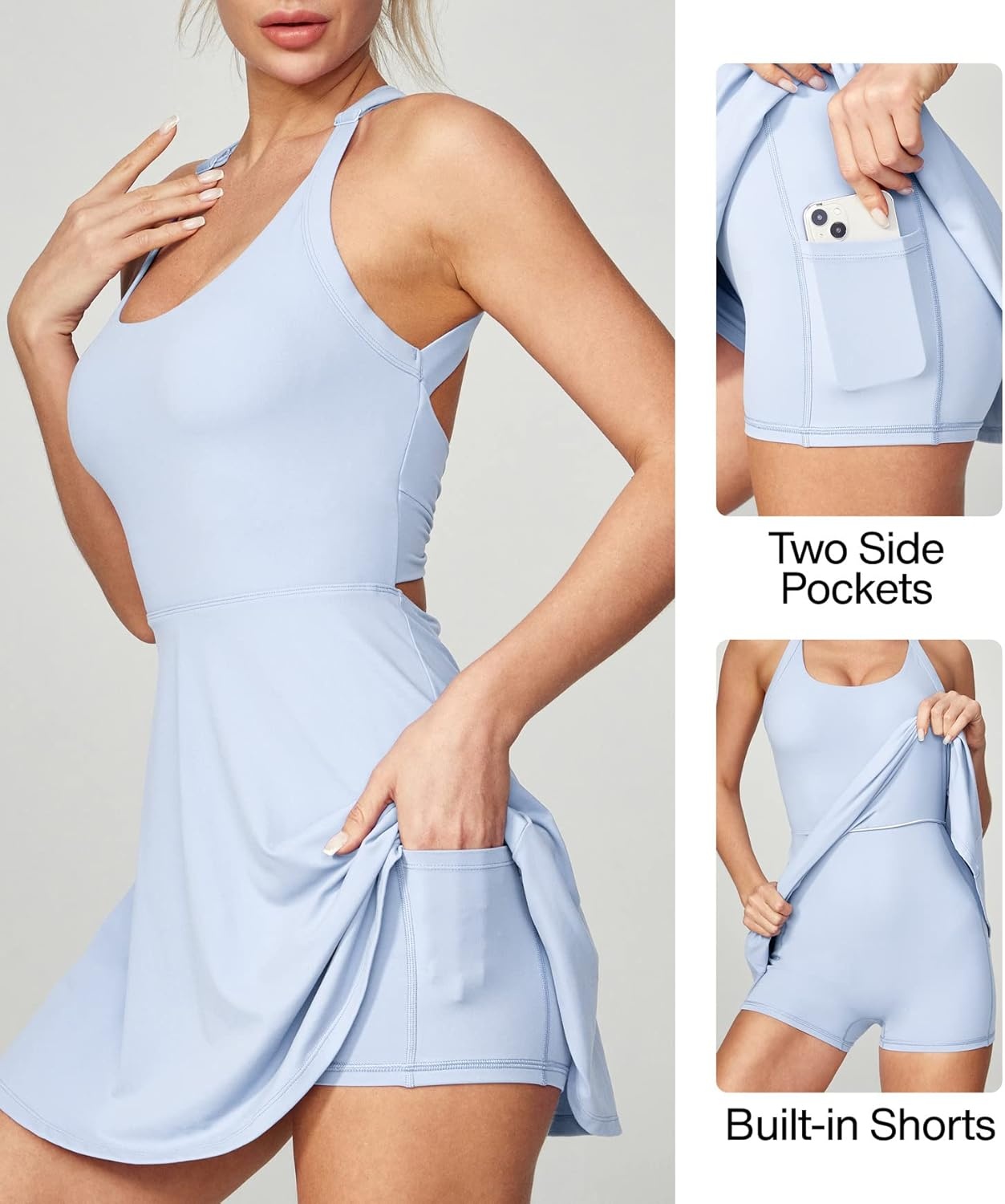 image:imageHeathyoga Tennis Dress with Built in Shorts and Bra Athletic Dress for Women Summer Cut Out Twisted Golf Workout DressSubdued Blue