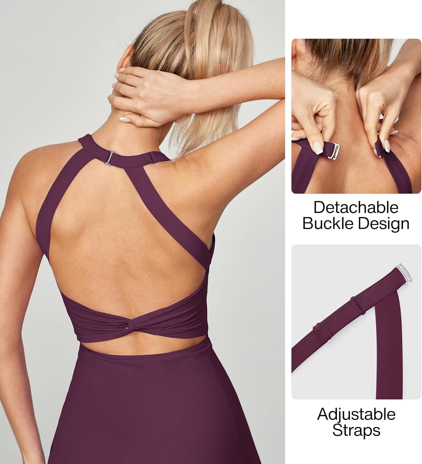 image:imageHeathyoga Tennis Dress with Built in Shorts and Bra Athletic Dress for Women Summer Cut Out Twisted Golf Workout DressWine
