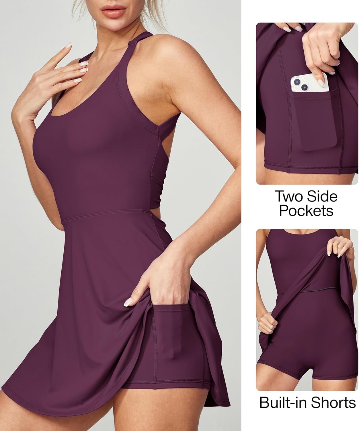 image:imageHeathyoga Tennis Dress with Built in Shorts and Bra Athletic Dress for Women Summer Cut Out Twisted Golf Workout DressWine