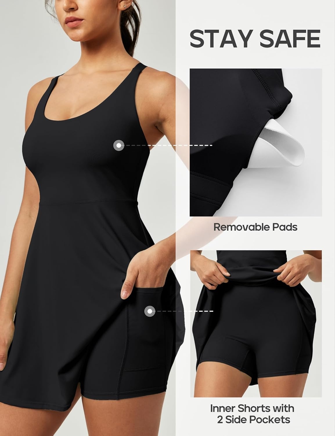 image:imageHeathyoga Tennis Dresses for Women Athletic Dress with Shorts Underneath Workout Dress with Pockets Summer Golf OutfitsBlack