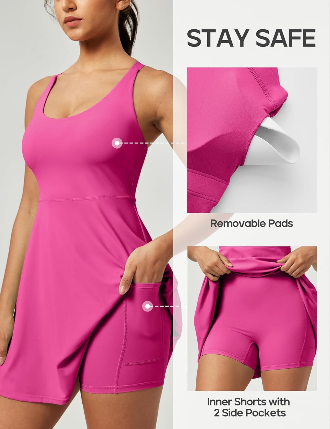 image:imageHeathyoga Tennis Dresses for Women Athletic Dress with Shorts Underneath Workout Dress with Pockets Summer Golf OutfitsHot Pink