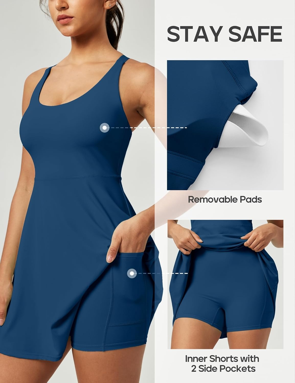 image:imageHeathyoga Tennis Dresses for Women Athletic Dress with Shorts Underneath Workout Dress with Pockets Summer Golf OutfitsIndigo