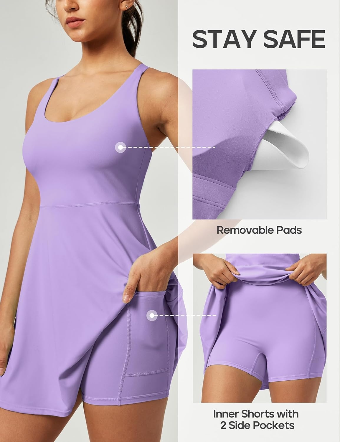 image:imageHeathyoga Tennis Dresses for Women Athletic Dress with Shorts Underneath Workout Dress with Pockets Summer Golf OutfitsLavender