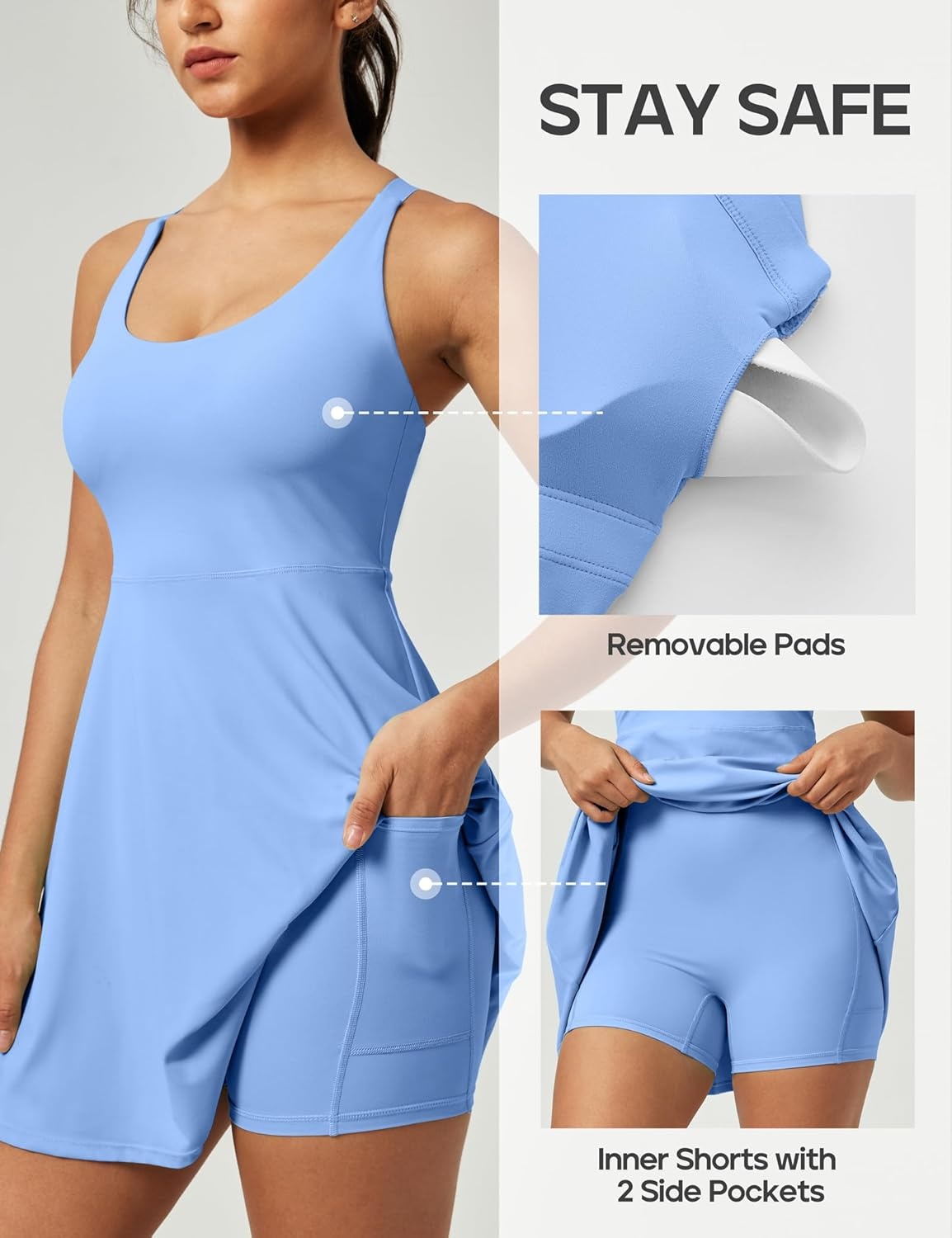 image:imageHeathyoga Tennis Dresses for Women Athletic Dress with Shorts Underneath Workout Dress with Pockets Summer Golf OutfitsLight Blue
