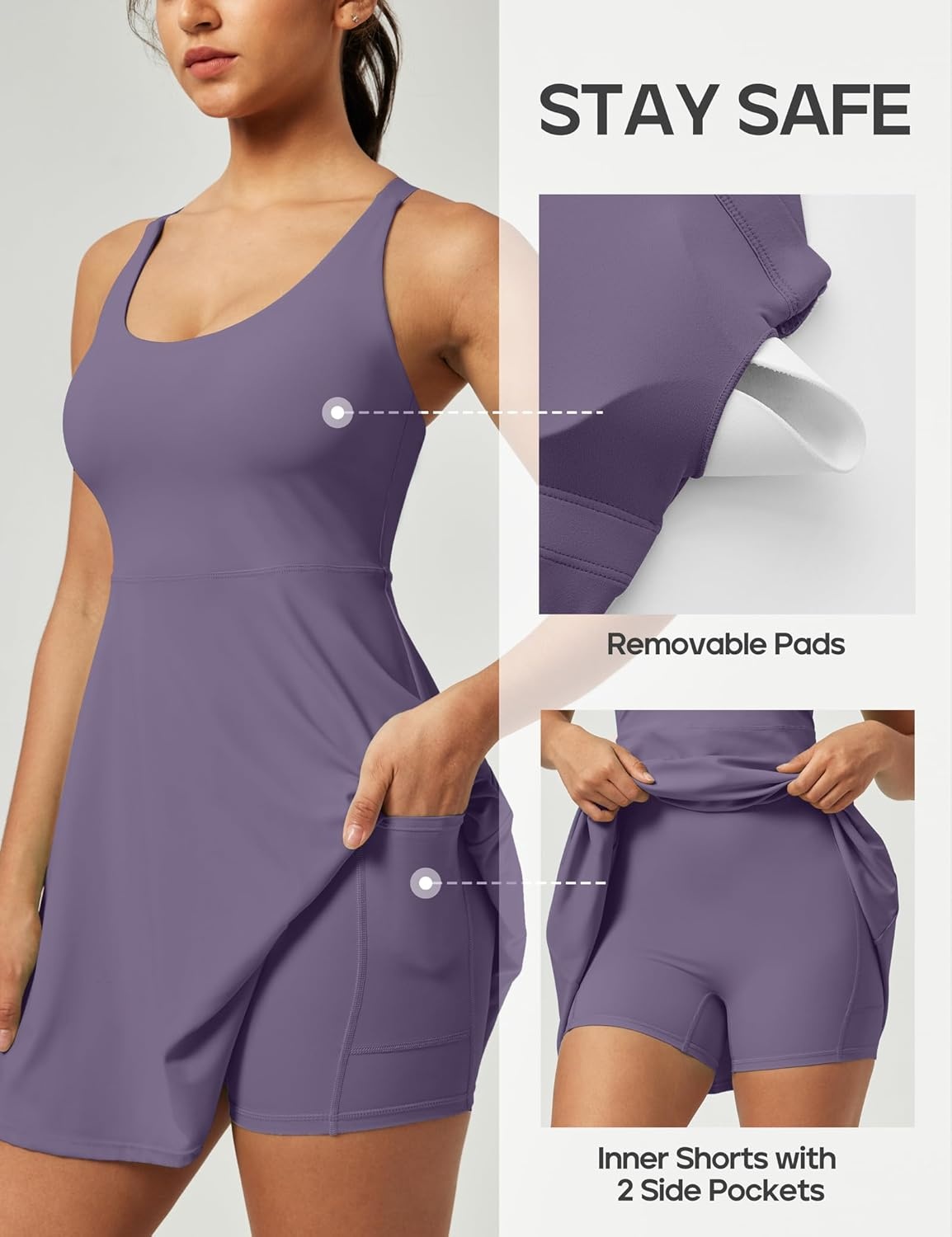 image:imageHeathyoga Tennis Dresses for Women Athletic Dress with Shorts Underneath Workout Dress with Pockets Summer Golf OutfitsMauve