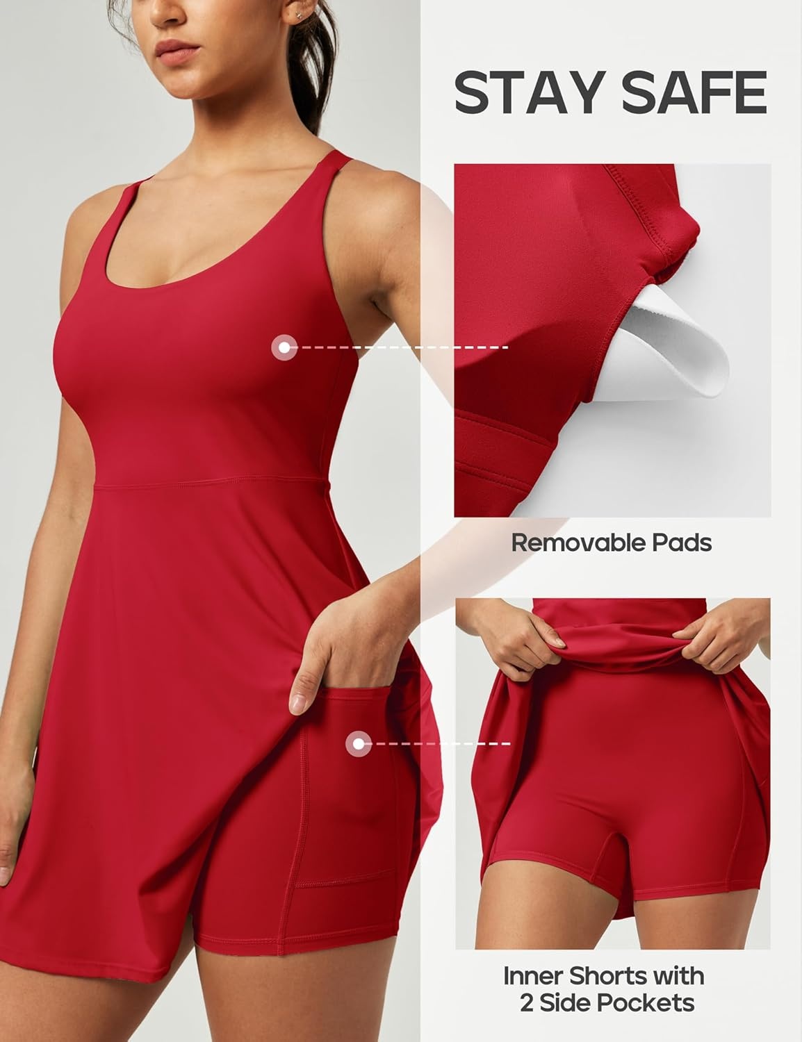 image:imageHeathyoga Tennis Dresses for Women Athletic Dress with Shorts Underneath Workout Dress with Pockets Summer Golf OutfitsVivid Red