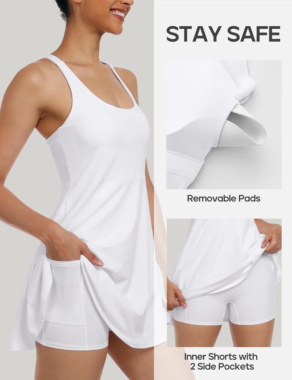 image:imageHeathyoga Tennis Dresses for Women Athletic Dress with Shorts Underneath Workout Dress with Pockets Summer Golf OutfitsWhite