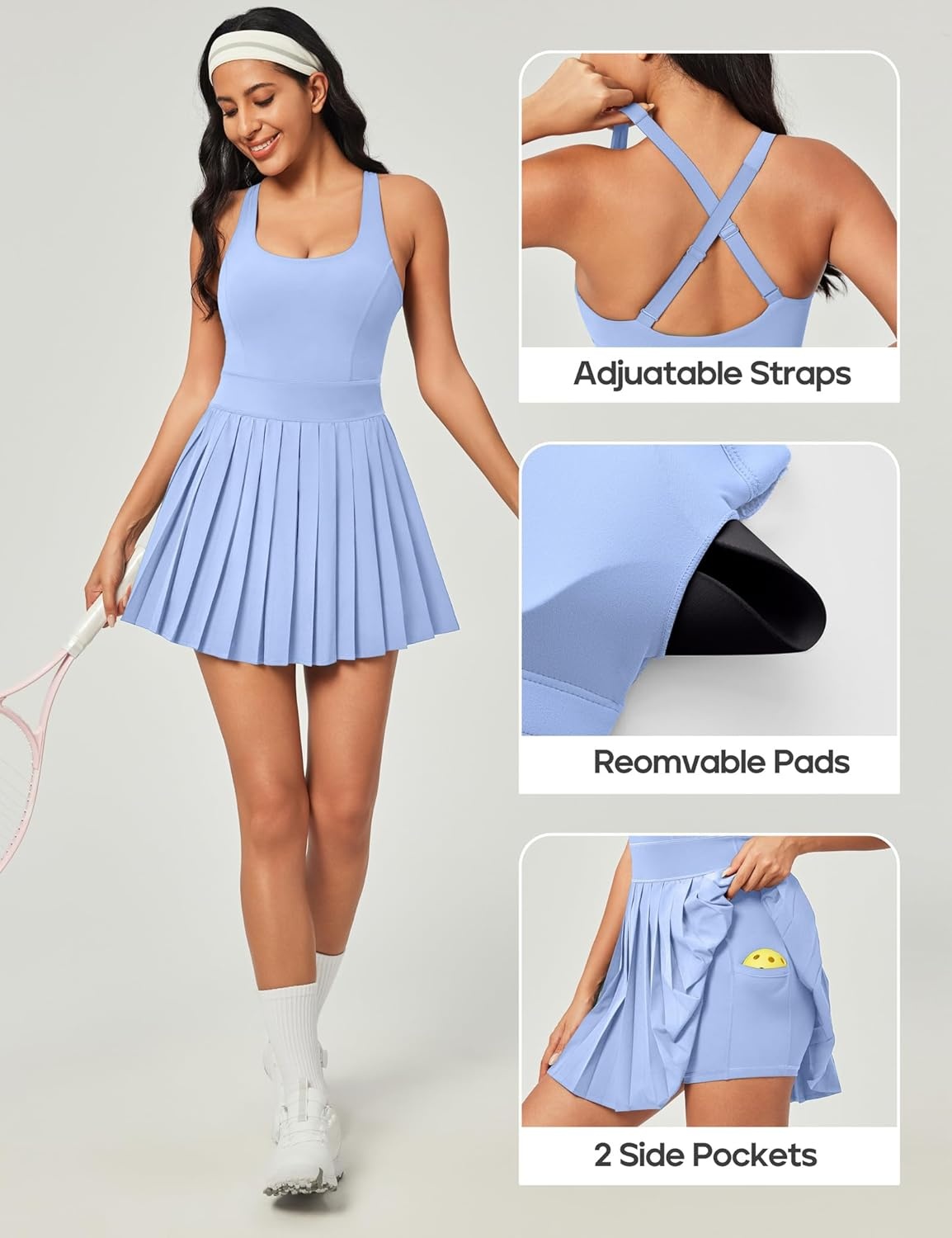 image:imageHeathyoga Tennis Dresses for Women with Shorts and Bra Athletic Dress for Women Workout Dress with Pockets for GolfBaby Blue