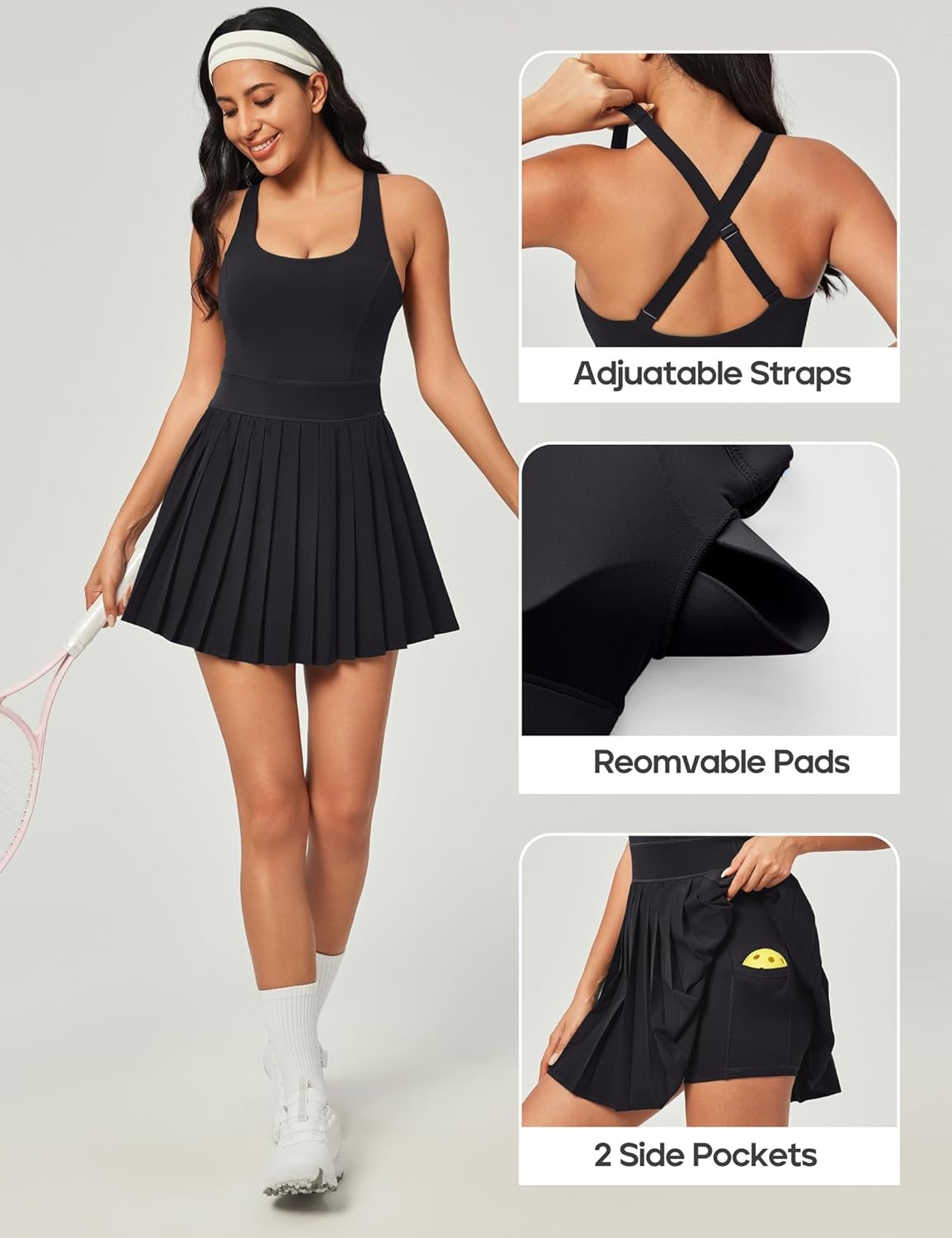 image:imageHeathyoga Tennis Dresses for Women with Shorts and Bra Athletic Dress for Women Workout Dress with Pockets for GolfBlack