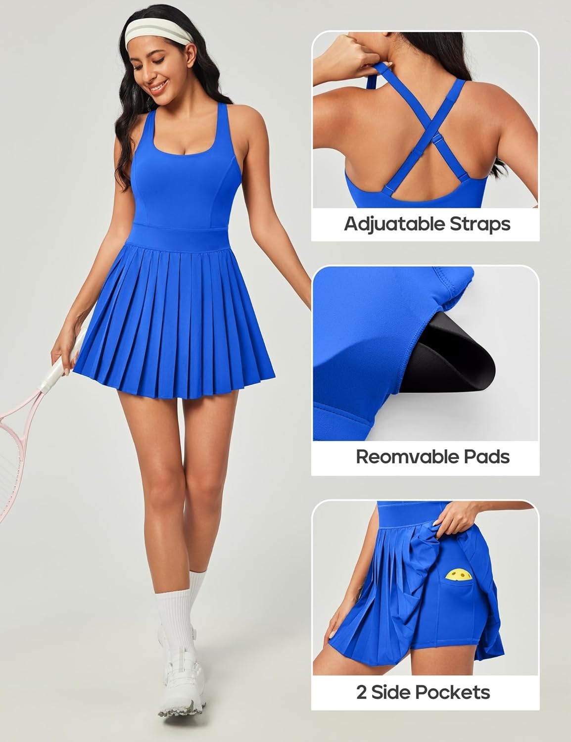 image:imageHeathyoga Tennis Dresses for Women with Shorts and Bra Athletic Dress for Women Workout Dress with Pockets for GolfBlue
