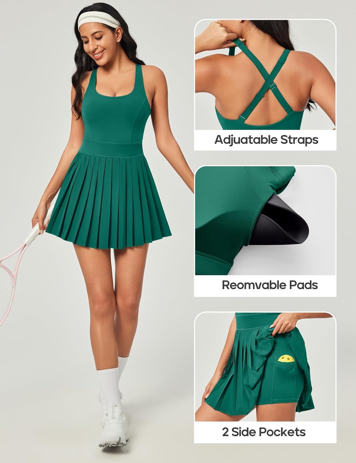 image:imageHeathyoga Tennis Dresses for Women with Shorts and Bra Athletic Dress for Women Workout Dress with Pockets for GolfDark Green
