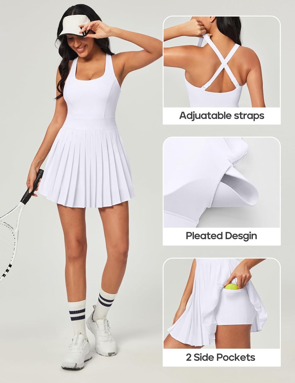 image:imageHeathyoga Tennis Dresses for Women with Shorts and Bra Athletic Dress for Women Workout Dress with Pockets for GolfWhite