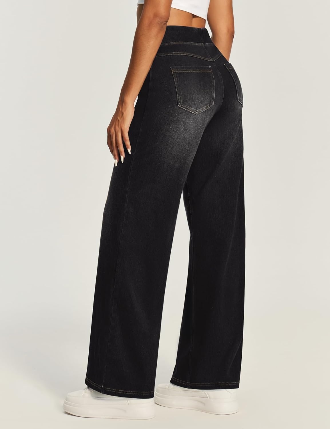 image:imageHeathyoga Wide Leg Jeans Woman High Waist Pull On Baggy Jeans for Women Stretchy Jean Pants Straight Leg Denim PantsClassic Black Whisker