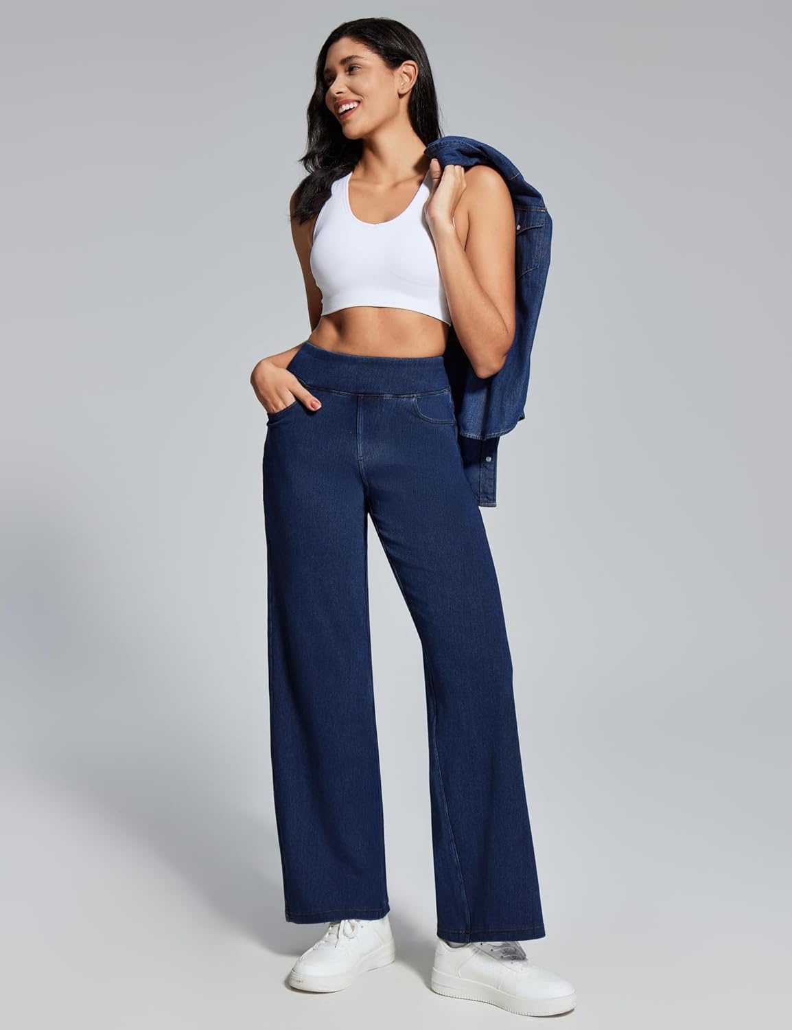 image:imageHeathyoga Wide Leg Jeans Woman High Waist Pull On Baggy Jeans for Women Stretchy Jean Pants Straight Leg Denim PantsDark Blue