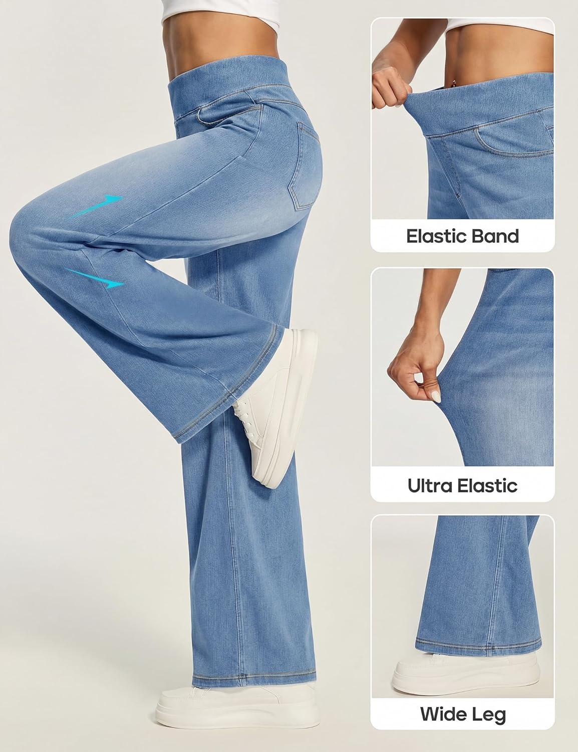image:imageHeathyoga Wide Leg Jeans Woman High Waist Pull On Baggy Jeans for Women Stretchy Jean Pants Straight Leg Denim PantsFaded Blue Whisker