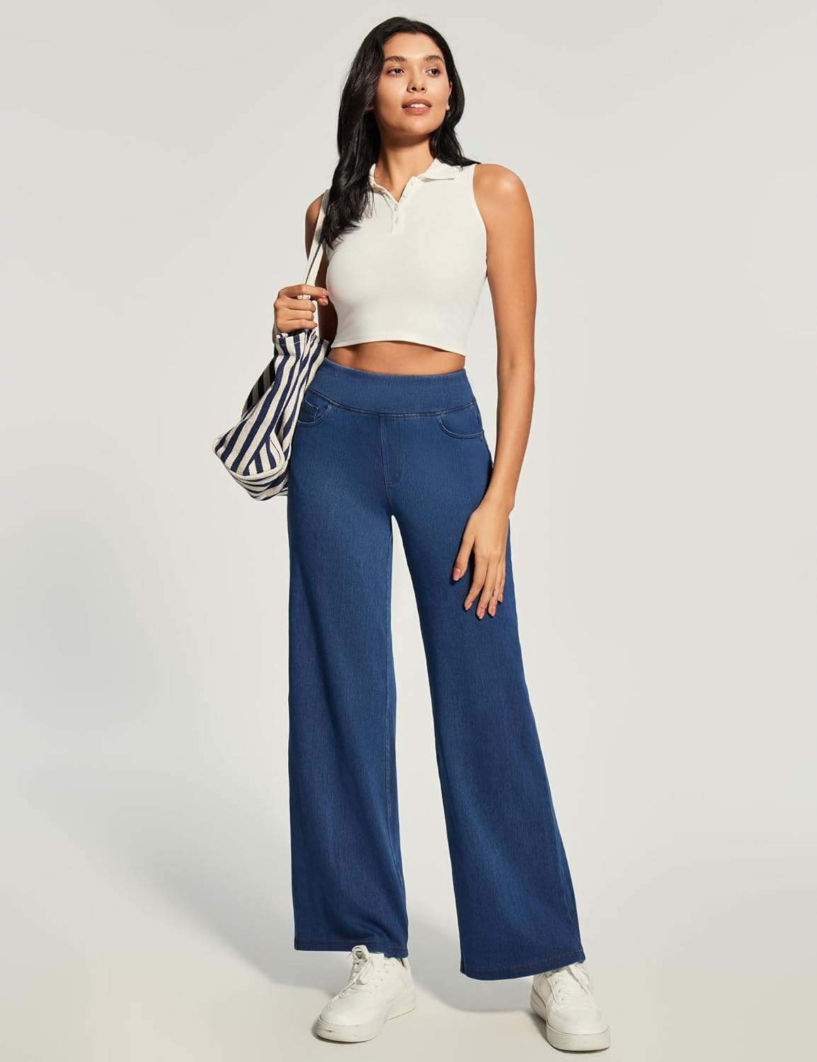 image:imageHeathyoga Wide Leg Jeans Woman High Waist Pull On Baggy Jeans for Women Stretchy Jean Pants Straight Leg Denim PantsLight Blue