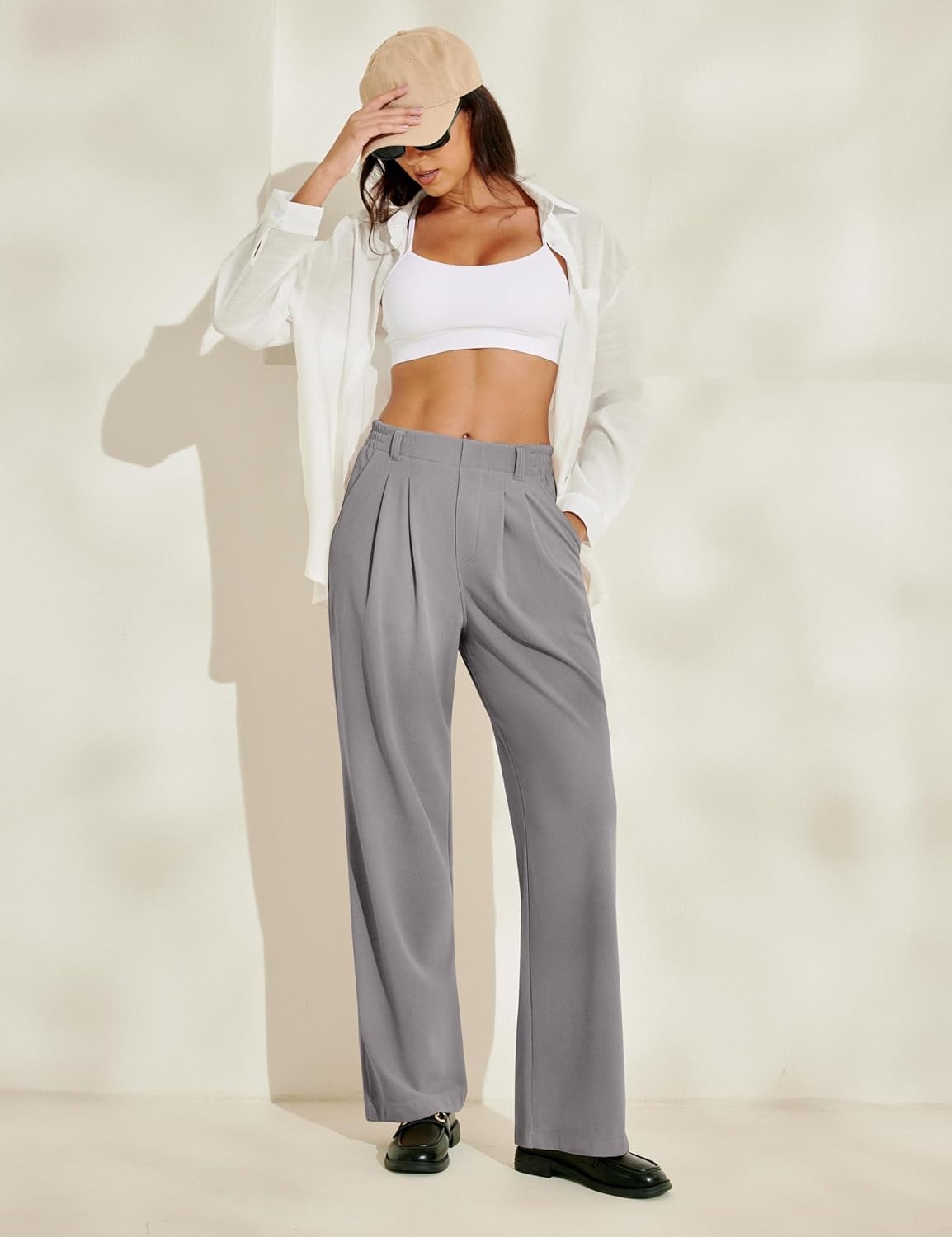 image:imageHeathyoga Wide Leg Stretchy Work Pants Women Pull on Dress Pants High Waisted Business Casual Trousers Slacks for WomenLight Grey