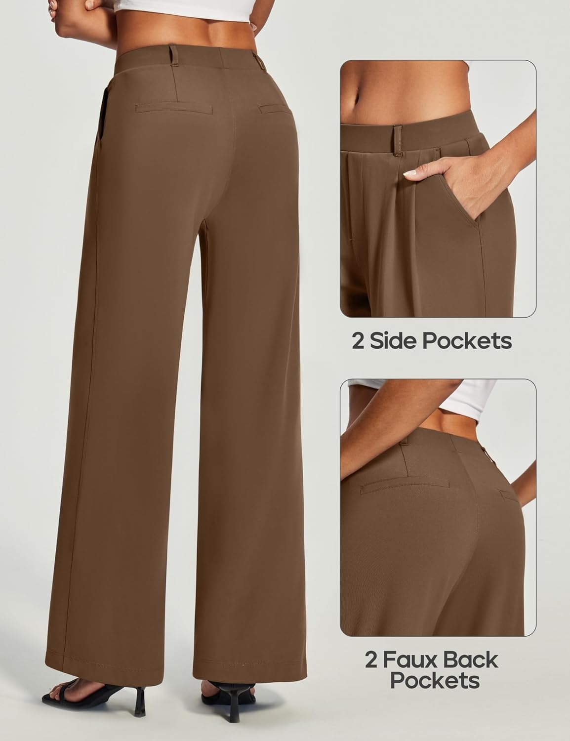 image:imageHeathyoga Womens Dress Pants Pull On Wide Leg Stretchy Work Pants Women Business Casual Outfits Slacks for Women TrousersChocolate Brown