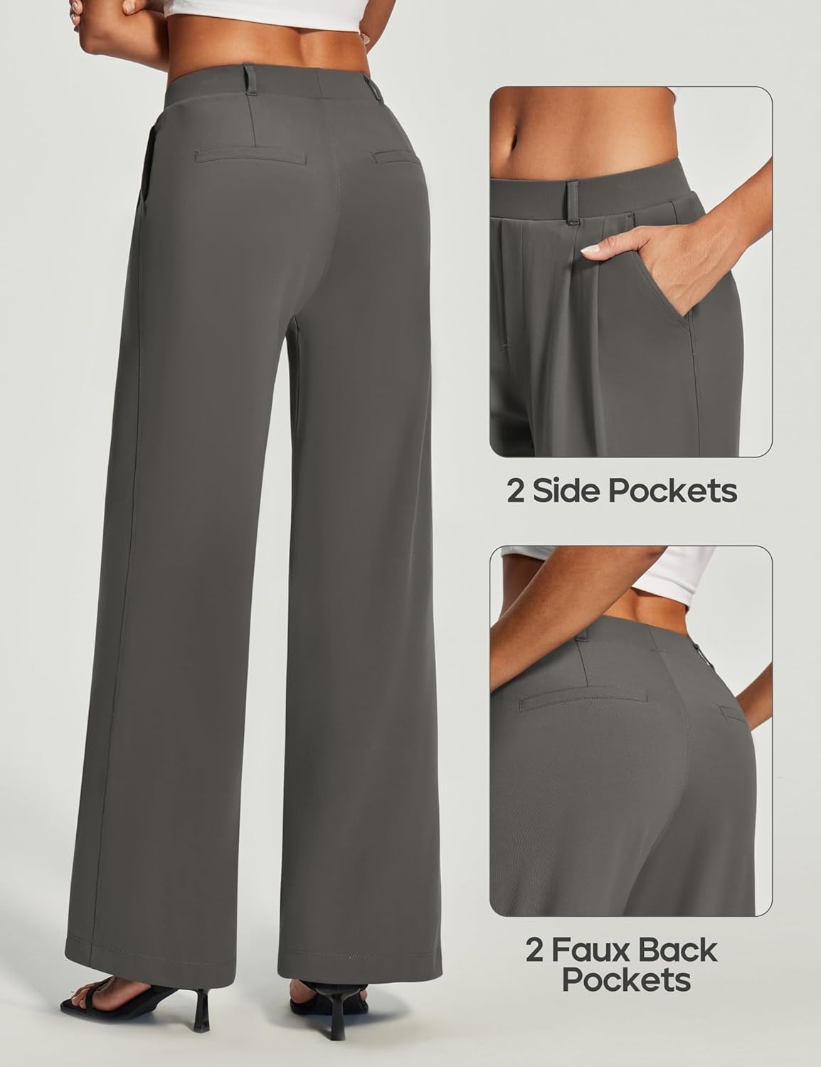 image:imageHeathyoga Womens Dress Pants Pull On Wide Leg Stretchy Work Pants Women Business Casual Outfits Slacks for Women TrousersDark Charcoal