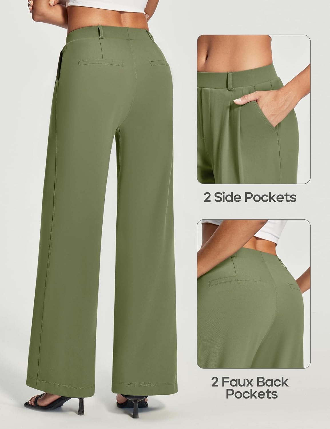 image:imageHeathyoga Womens Dress Pants Pull On Wide Leg Stretchy Work Pants Women Business Casual Outfits Slacks for Women TrousersLoden Green