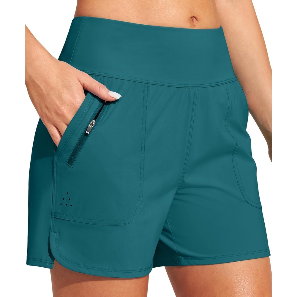 image:imageHeathyoga 5 Swim Board Shorts Women Strechy High Waisted Bathing Suits Bottoms Quick Dry UPF 50 Beach Shorts with LinerForest Green